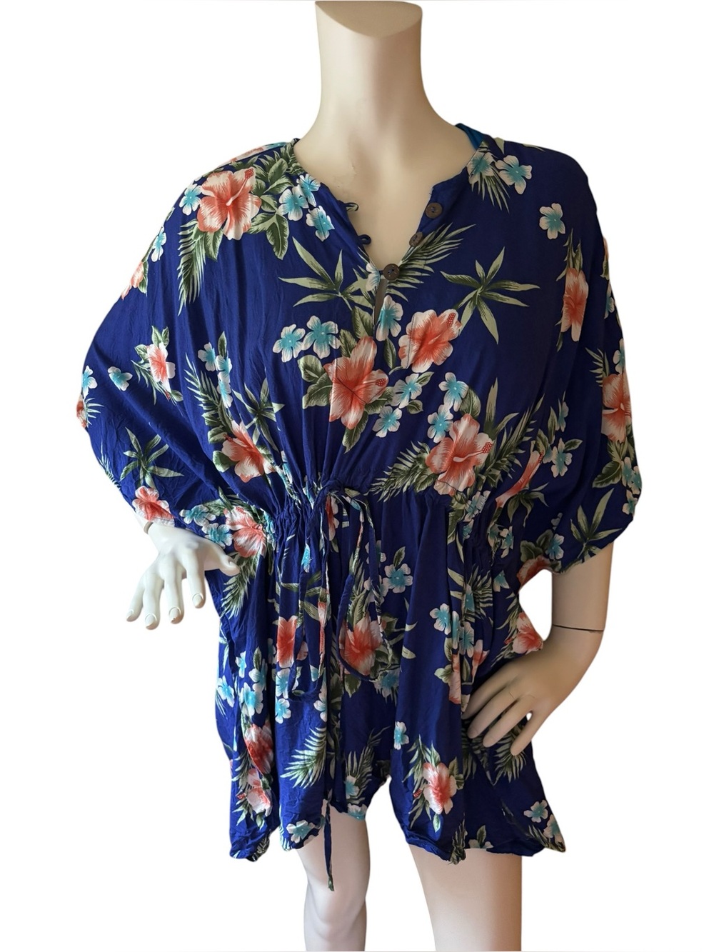 Hawaiian Tropical Floral Blue Swim Coverup Tunic with Front Drawstring, One Size